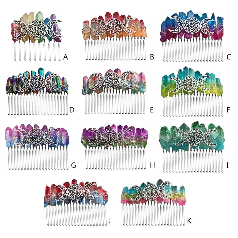 

В Богемном Стиле Радуги необработанный Кристальный кварц расческа для волос старинные антикварные Луна ведьма Свадебная заколка зажим для...