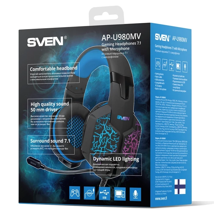 Гарнитура Sven AP-U980MV проводная звук 7.1 20-20000 Гц 32 Ом 108 дБ USB(LED) 30-16000 -58 с подсветкой |