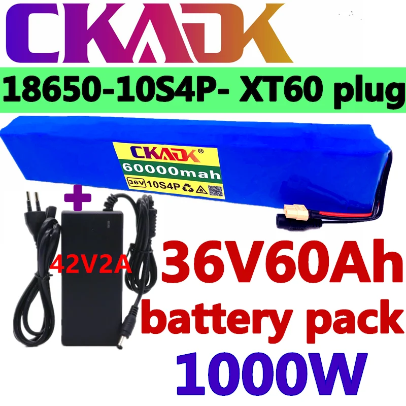 

36V 10S4P 60Ah battery pack 1000W high power battery 42V 60000mAh Ebike electric bicycle BMS 42v battery with xt60 plug+charger