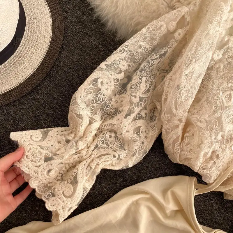 

High Quality Embroidery Lace Blouse Tops Female Ruffled Lantern sleeve Hollow out Sexy Perspective Lace Shirt With Free Sling