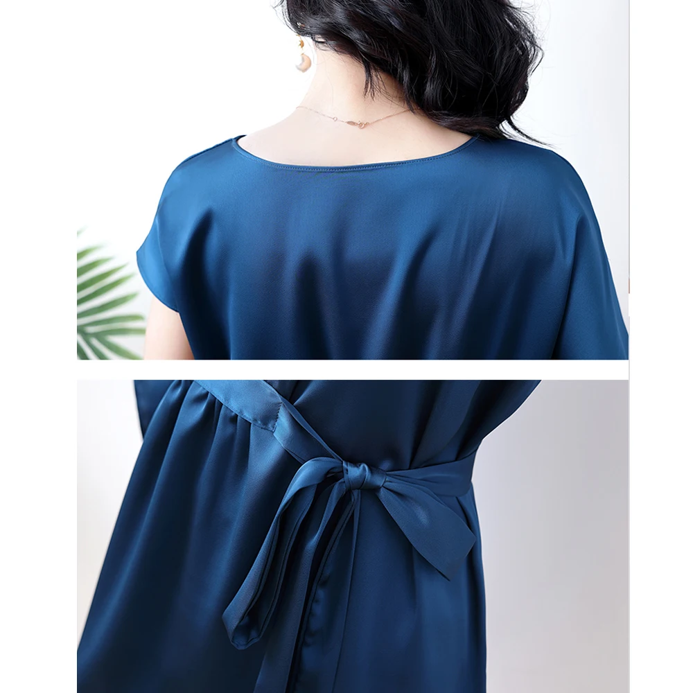 

Satin Silk Shirts Women 2021 Summer Short Sleeve Solid Loose Sashes Bow Tops Casual Blouses Office Lady Elegant Wild Clothing
