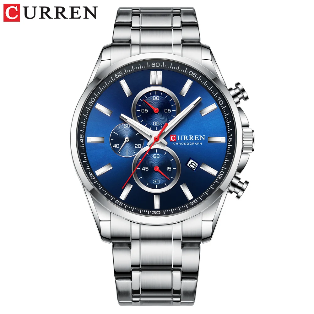 silver blue Новинка, Curren часы, мужские брендовые модные спортивные кварцевые часы с хронографом, мужские часы из нержавеющей стали, часы с датой, светящиеся указатели - Цвет: silver blue