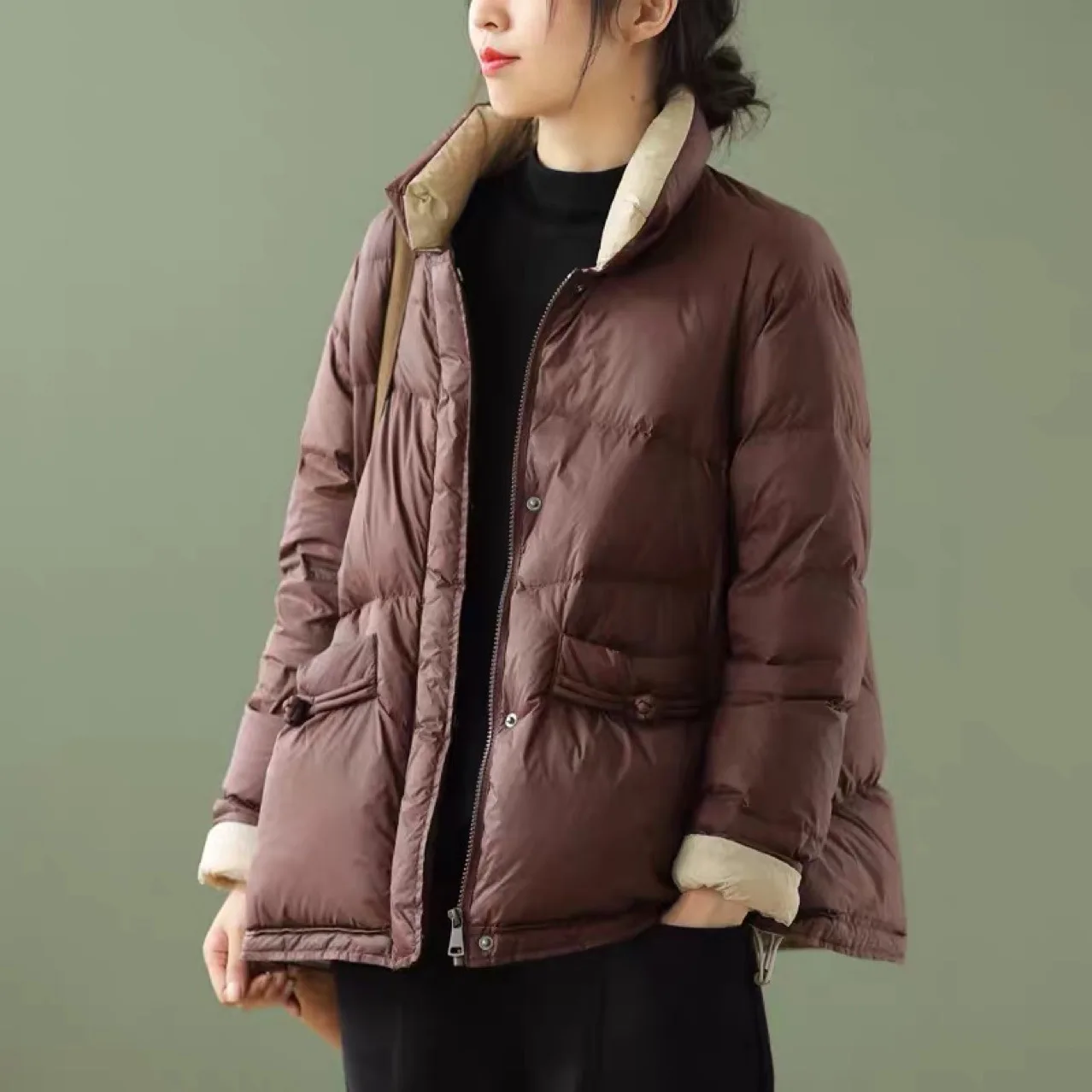 

2021 New Women's Literary Long Sleeve Warm Down Jacket For Ladies Winter Stand Collar Solid Color White Duck Down Zipper Coat