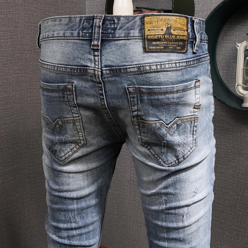 European American Vintage Fashion Men Jeans Retro Light Blue Elastic Slim Fit Ripped Jeans Men Patchwork Designer Denim Pants