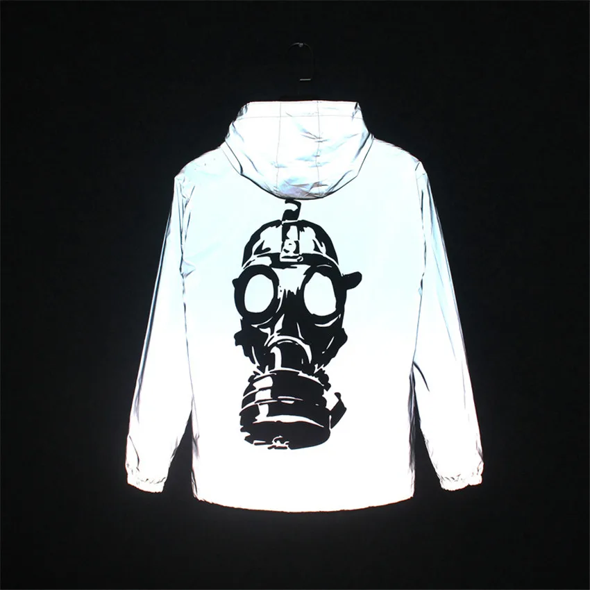 

2020 Hot Men Reflective Jacket Casual Windbreaker Hooded Fluorescent Clothing Skull Printed Fashion Street Men Women Lovers Coat