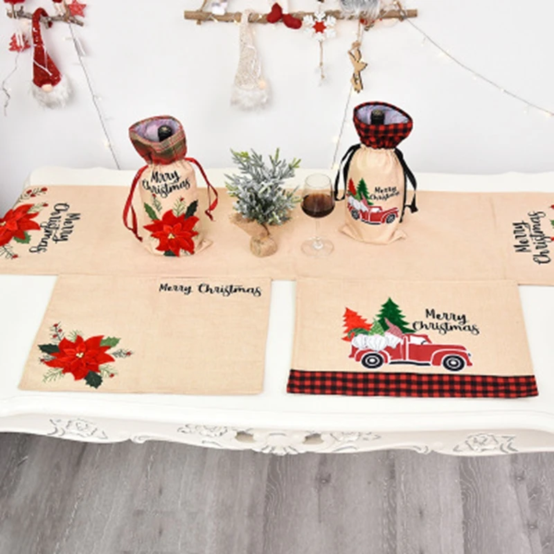 

Merry Christmas Flowers Placemat Linen Tablecloth Knife Fork Holder Kitchen Table Cover Christmas Decorations For Home Navidad