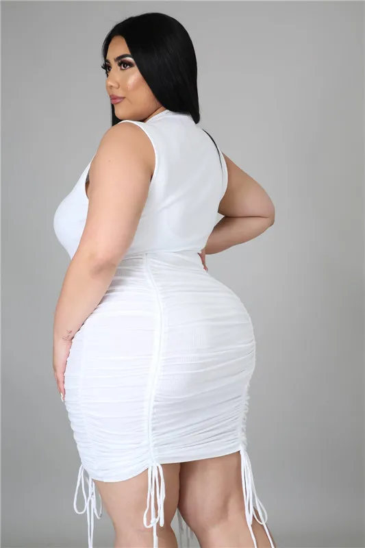 

2021 Summer Plus Size Dress Costume Women's Dress Solid Sleeveless Elastic Hanging Bandage Mini Dress Drawstring Creased Dress