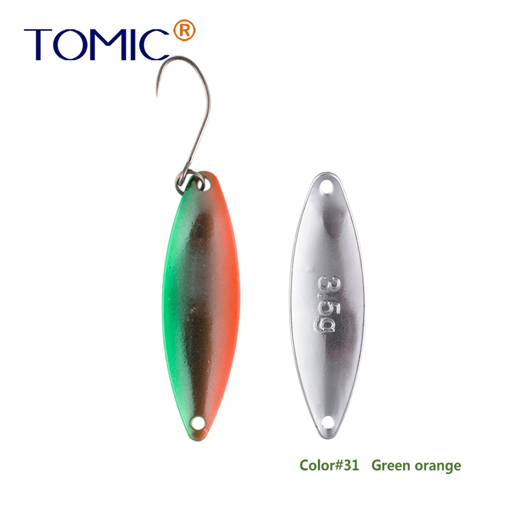 Tomic 1 шт. 1,6 г 2,7 г 3,5 г микро узкие латунные металлические ложки УФ сверкающие цвета окунь форель области один крючок рыболовные приманки Pesca - Цвет: green orange