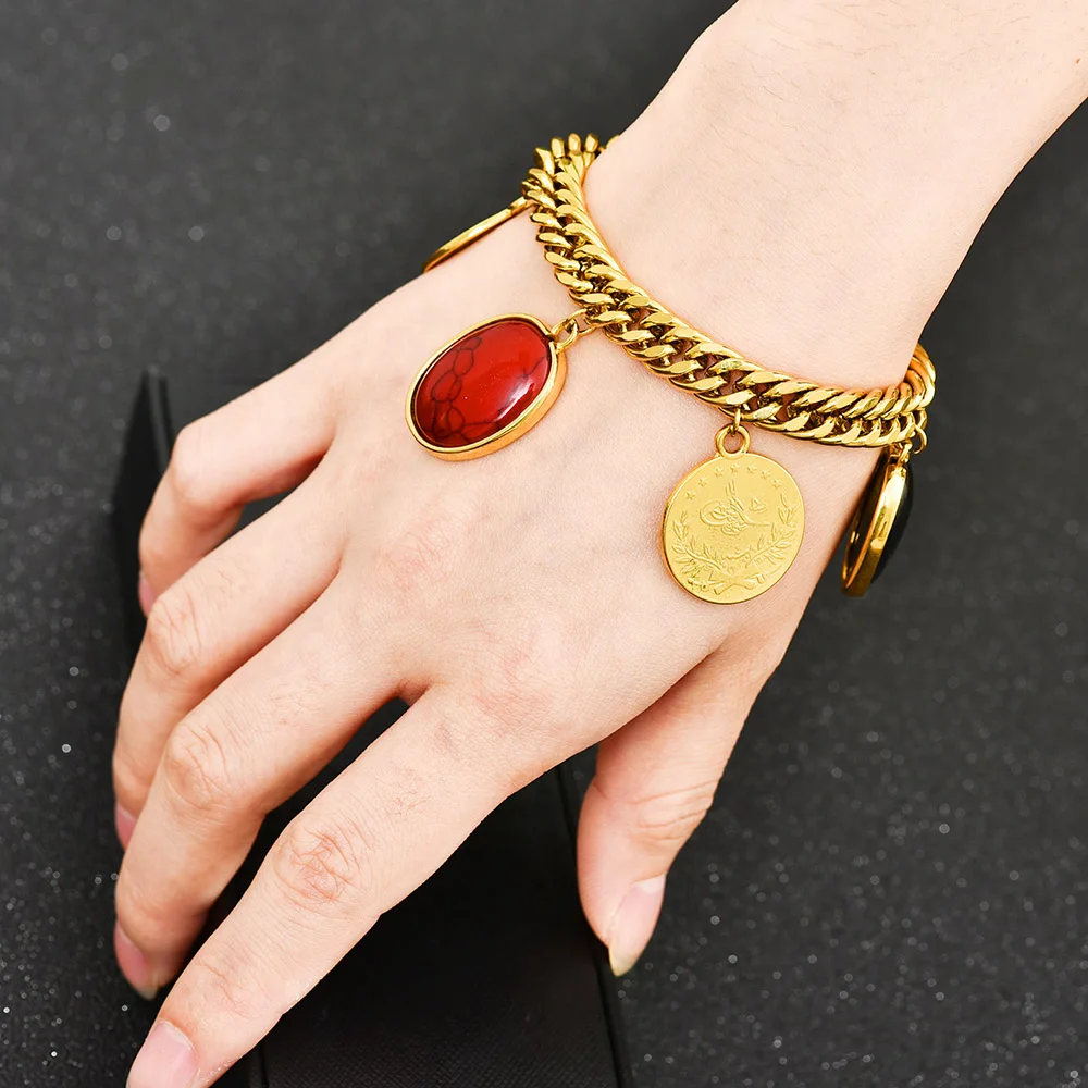 Length 22.5CM/Turkey Coin Bracelet for Women Gold Color Turks Simgesi Osmanli Turasi Muslim Islam Bangle Arab Allah Jewelry