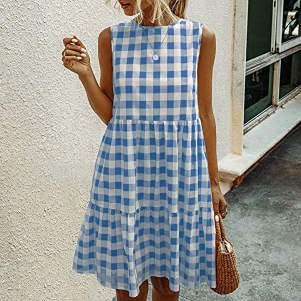 Женские платья в клетку без рукавов Сезон лето Повседневное Открытое платье
