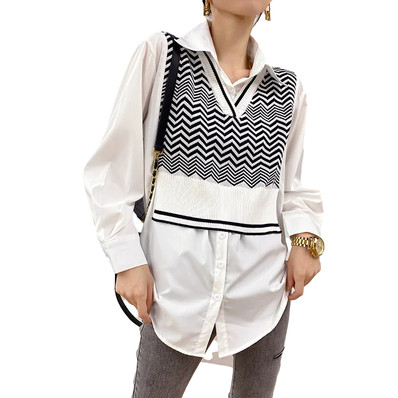 

2021 Spring New Arrival Turn-down Collar Black White Stripe Knitted Patchwork Long-sleeved Loose White Shirt C887
