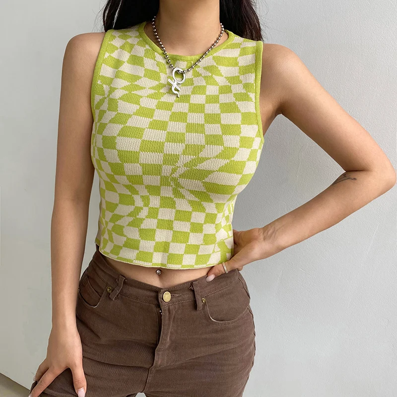 

Vintage Plaid Printed Y2K Knitted Women's Tank Tops Summer Harajuku Crop Tee Streetwear Aesthetic Cute Shirts 2021 e girl green