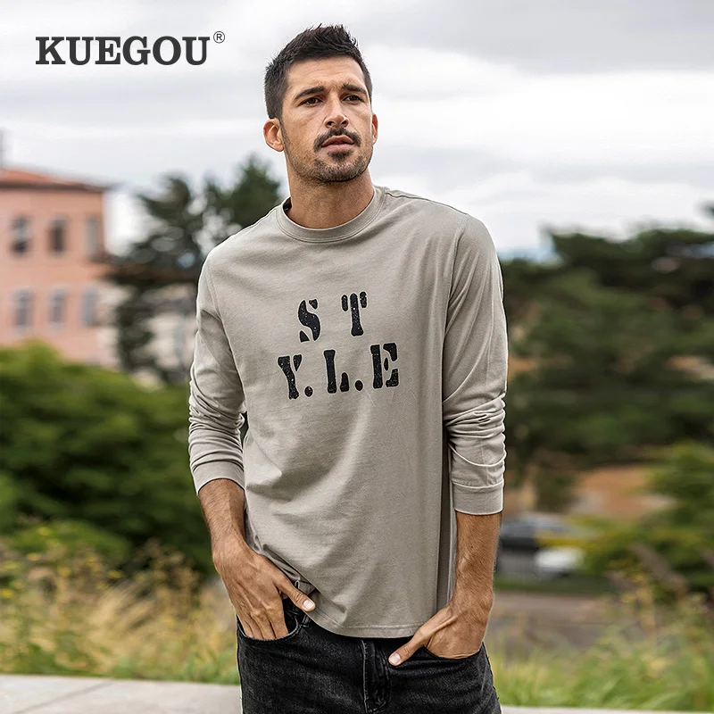 

KEUGOU 2022 Autumn New Men T-shirt Long Sleeve Fashion 100% Cotton Tshirt Letter Print Army green Streetwear Top Plus Size 26128