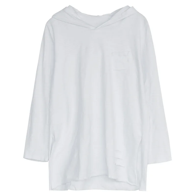 

Autumn new style hooded T-shirt female hole retro loose long sleeve top