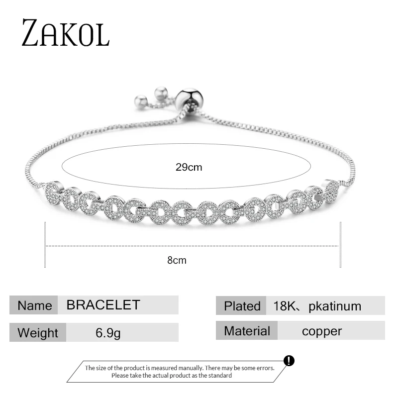 ZAKOL модный Регулируемый браслет с кубическим цирконием и кристаллом 8 для женщин