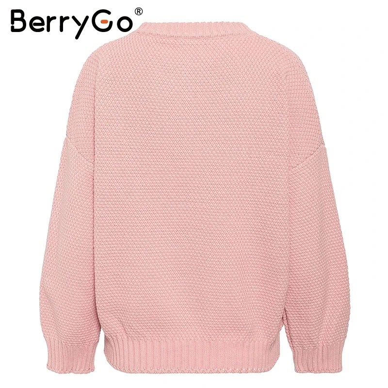 BerryGo Casual loose women knitted sweaters Long sleeve pink female pullover Retro winter office ladies jumper |