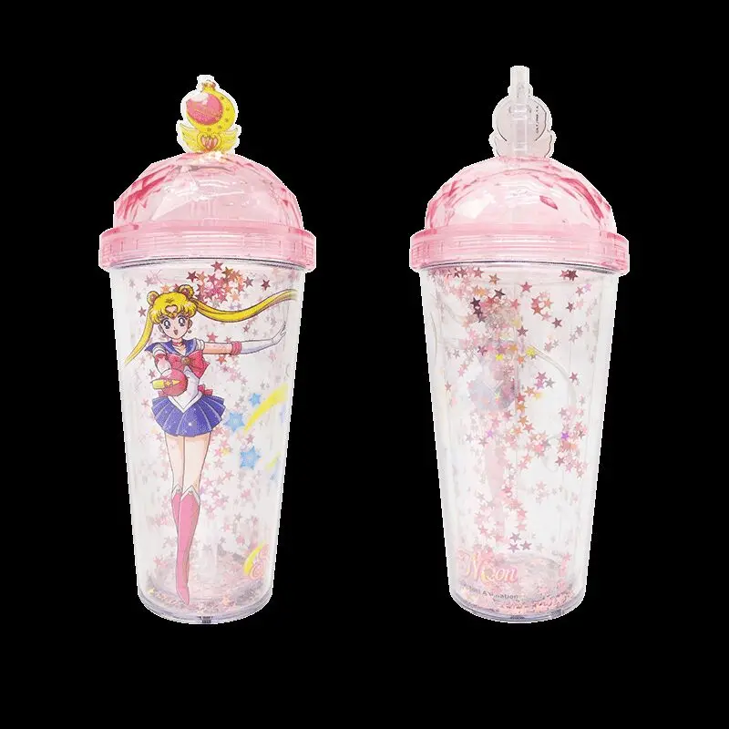 

Pink Star Sailor Moon Cup Anime Sailor Moon Cup With Straw Bling Quicksand Glitter Cartoon Water Bottles Cosplay costume Gift