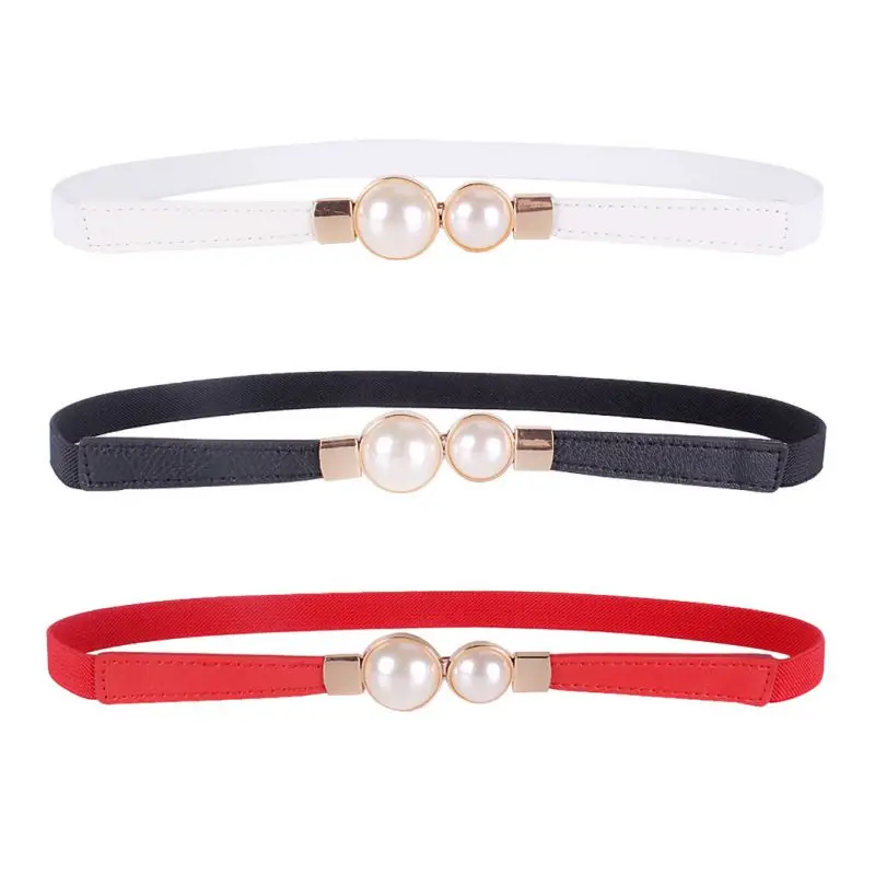 Женский эластичный пояс стрейч тонкий жемчужный с двумя большими жемчужинами