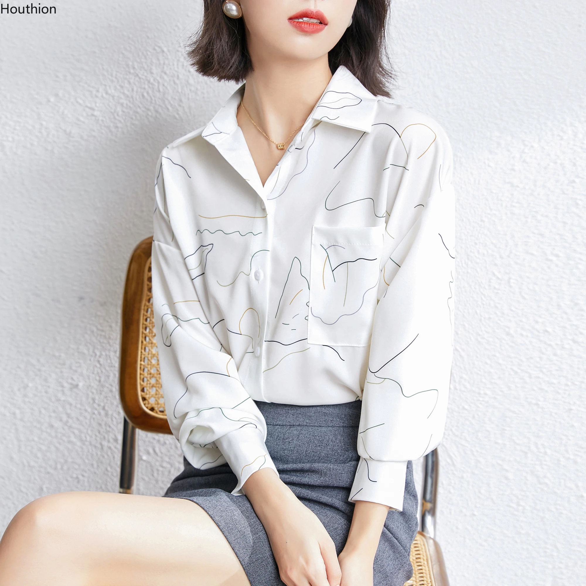 

Chiffon Slim Women's Blouses New Casual Blouse Fashion Long Sleeve Top Line Printing Pocket Shirt Spring/autumn