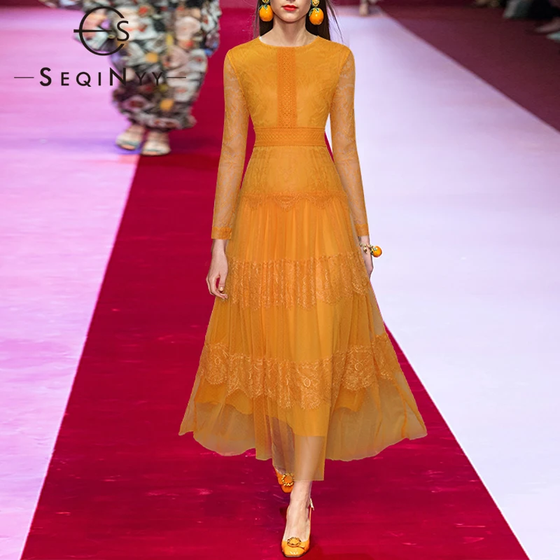 

SEQINYY Elegant Long Dress Summer Spring New Fashion Design Women Runway Mesh Lace Yellow Party A-Line High Street