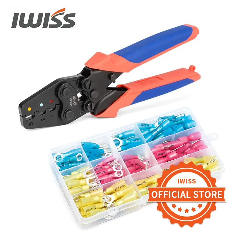 IWISS ICP-125 Mini Crimping Plier 0.5-6mm²（AWG22-10） Wire Crimper Tool 120pcs Heat Shrink Connectors Kit Repair tool Set