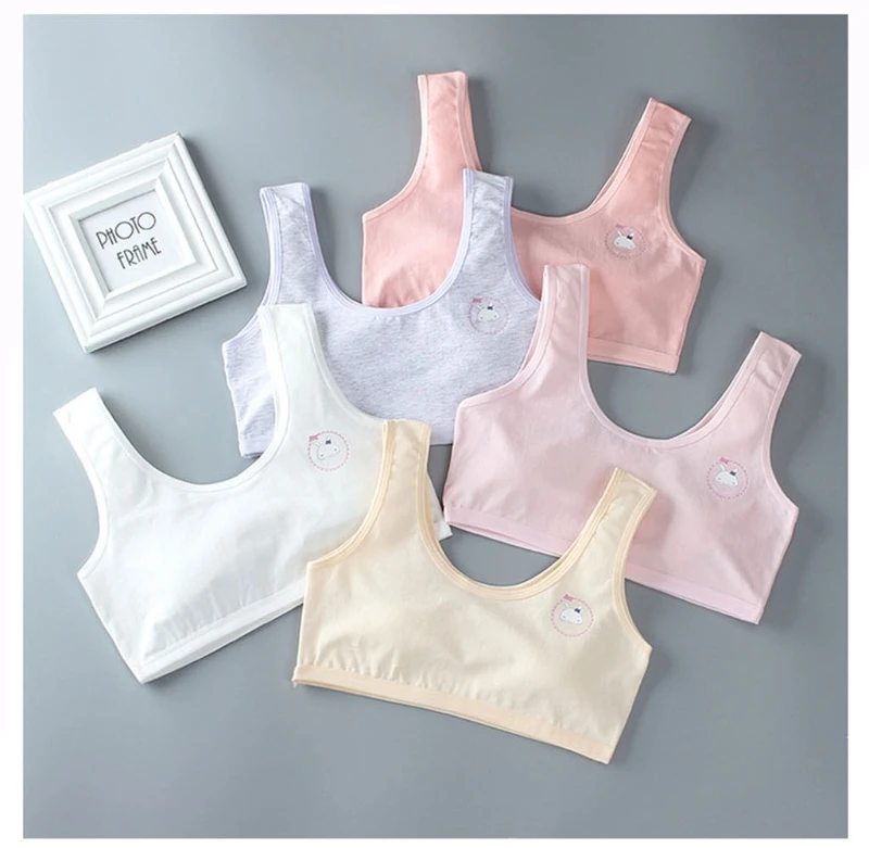 Student Young Girl Cotton Bra Tank Top Wide Strap Solid Color Sports Training Bralette Wirefree Cartoon Rabbit Cami Vest