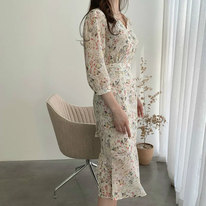 

V Neck Long Sleeve Pullover Dress Women Vintage Print Chiffon Vestidos Cross Lace Up High Waist Hip Mermaid Robe Spring