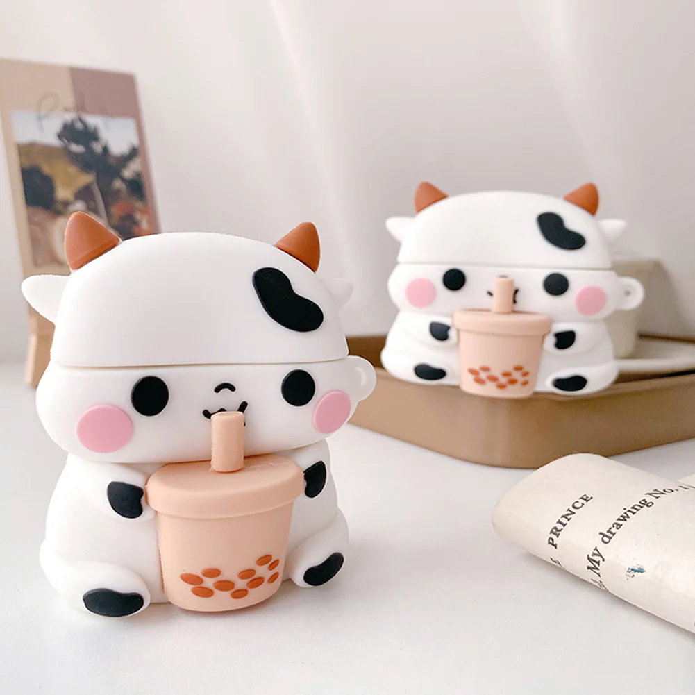 

Cute For AirPods 1 2 Pro Case Cartoon 3D Cow Cattle Milk Tea Box Soft Silicone Wireless Bluetooth Earphone Protect Cover Animal