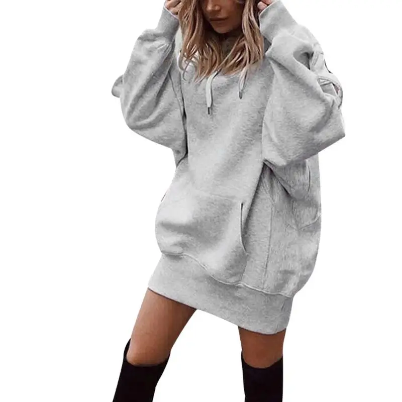 

Womens Winter Warm Long Sleeve Hoodies Dress Solid Color Drawstring Pullover Tunic Tops Oversized Loose Sweatshirt with Pocket