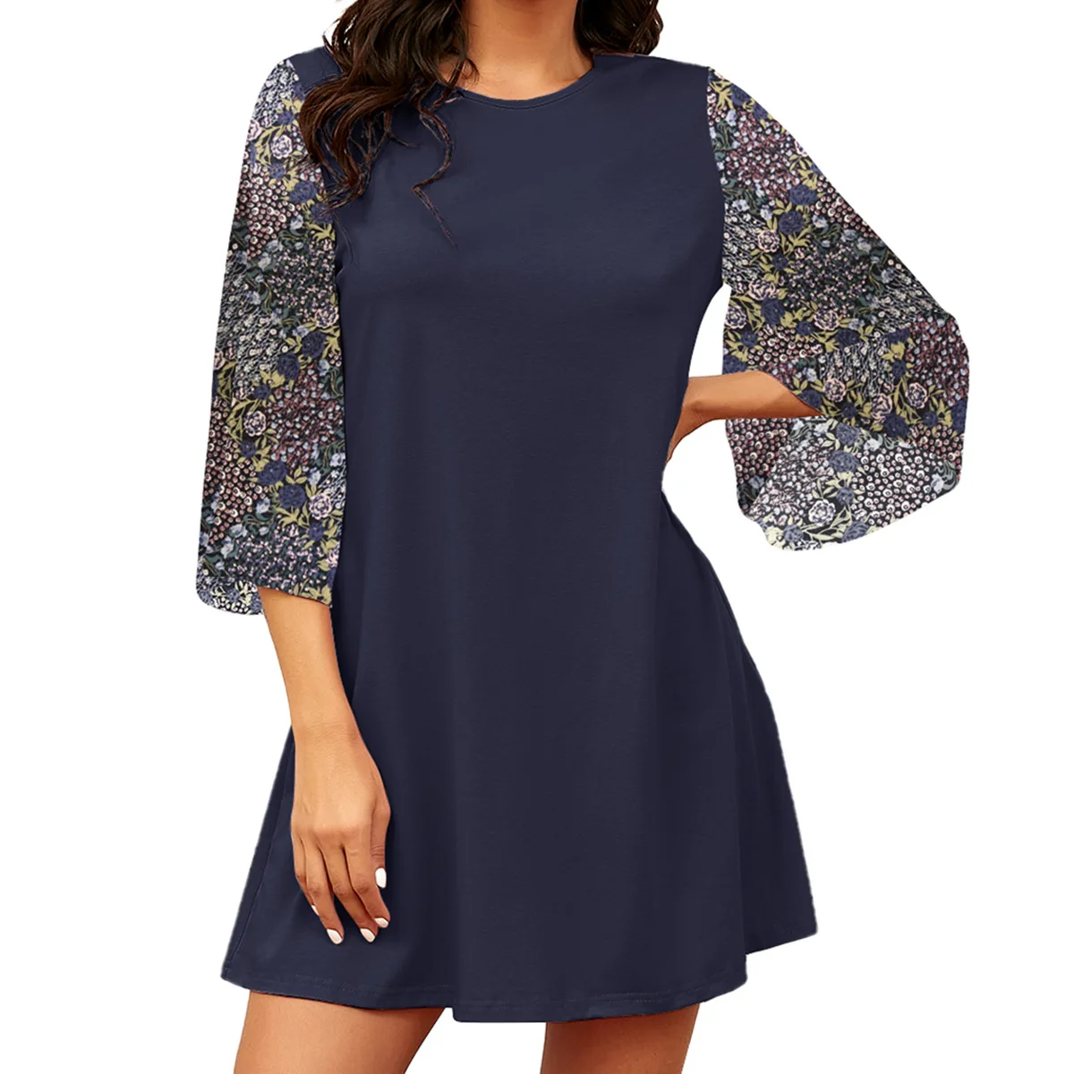 

2021 Summer Women Flower Print Dress Stitching Mid-Sleeve Party Casual Loose A-Line Solid Color Pullover Mini Dresses Robes