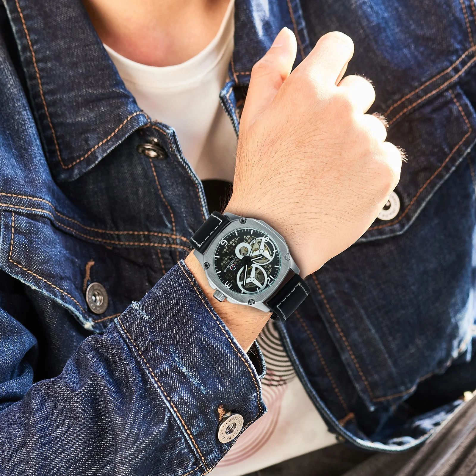 

FORSINING Casual Automatic Watch for Men Sport Skeleton Mechannical Wristwatch Leather Band Clock Luxury Brand Mens Watches NEW