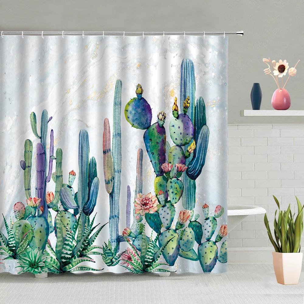 

Shower Curtains Cactus Tropical Plants Retro Wooden Wall Bathroom Decoration Background Waterproof Polyester Fabric With Hooks