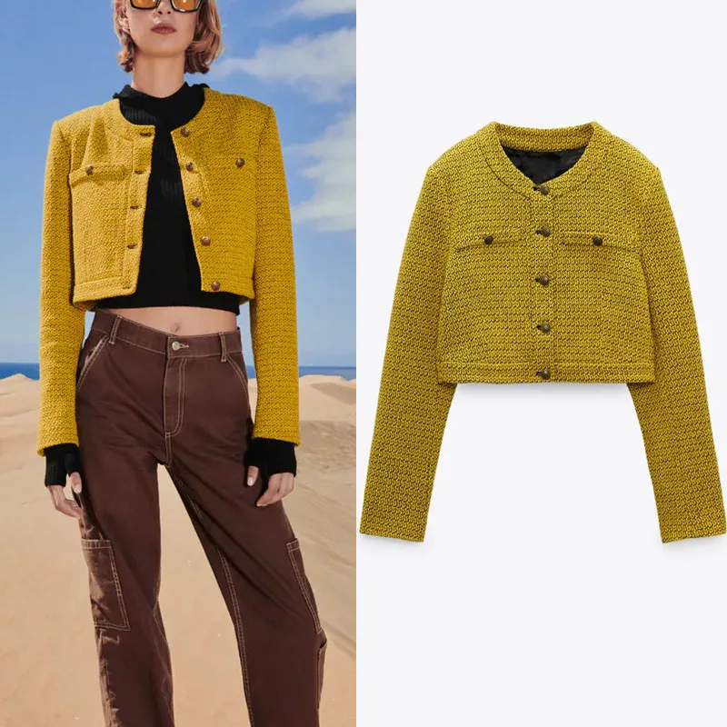 

Женская текстурированная укороченная куртка ZA, винтажное пальто с длинным рукавом и наплечниками, осенняя облегающая верхняя одежда