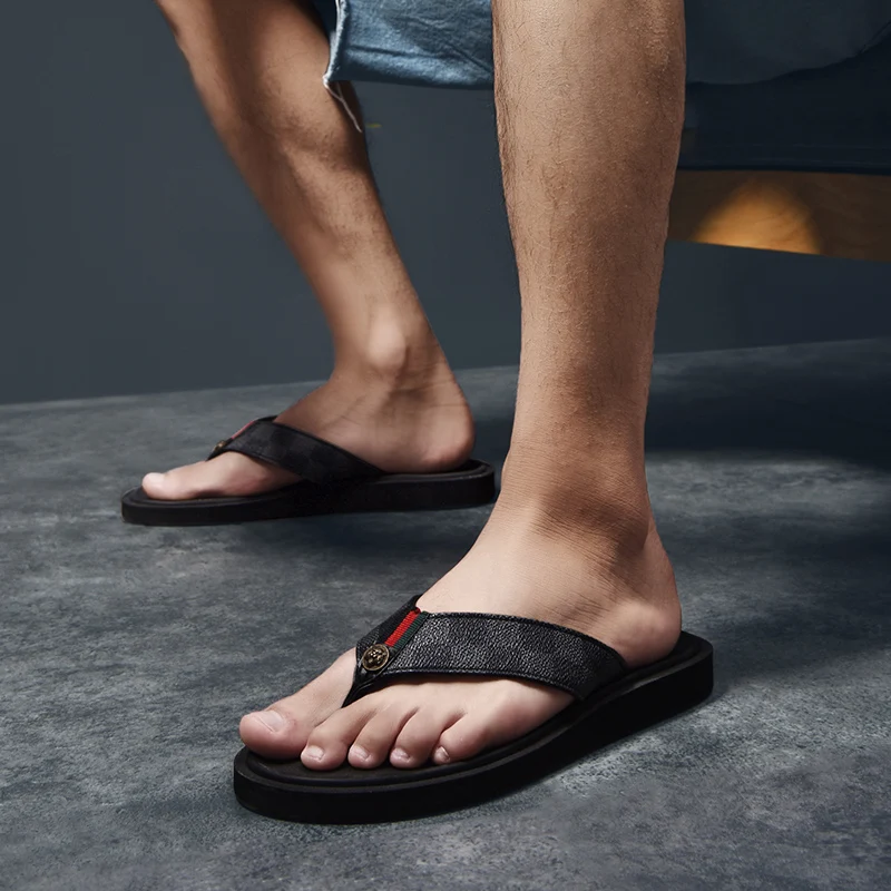 

Flipflops Men Non Slip Slippers Designer Flip Flops Men Shower Shoes Summer Leather For Beach Sandals Flat Big Size