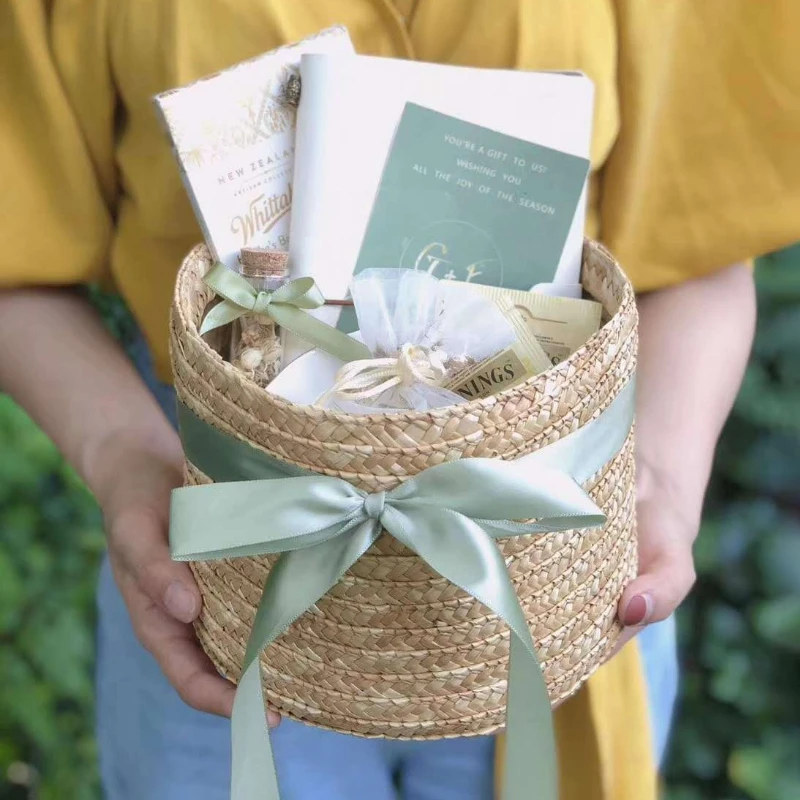 Плетеная корзина для хранения кукурузной шелухи с крышкой настольный органайзер