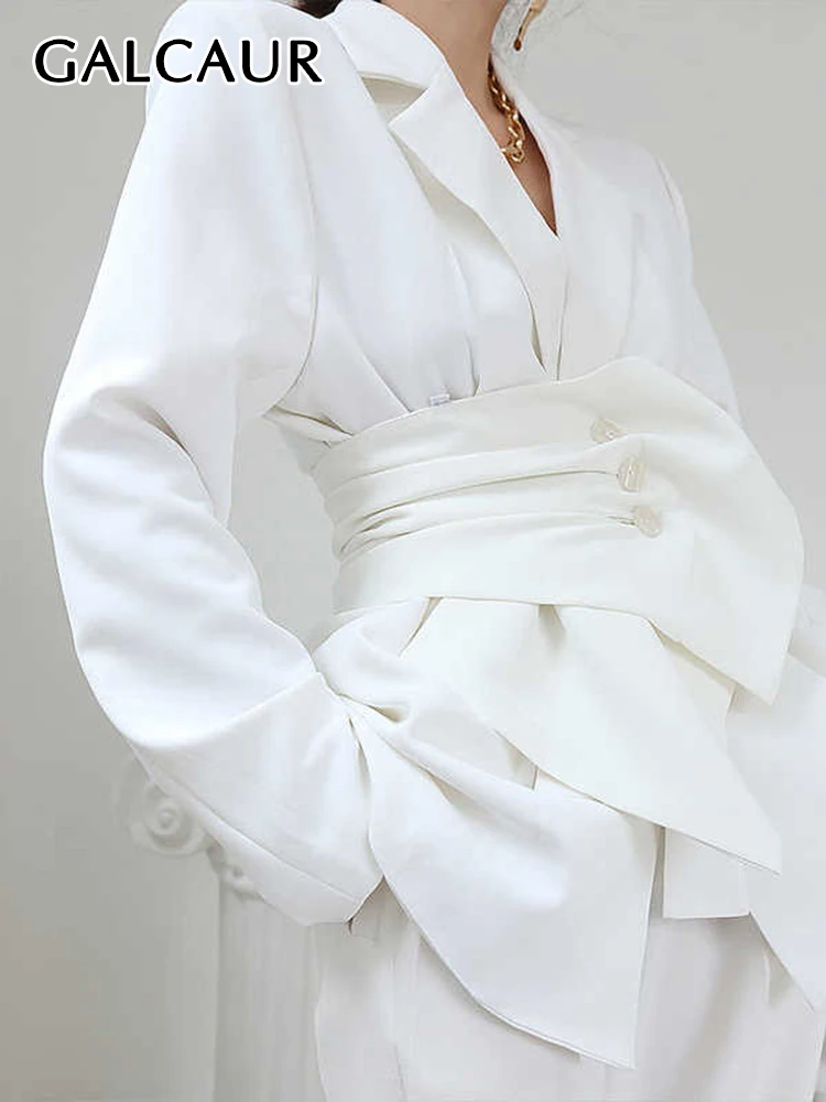 

GALCAUR White Bandage Coats For Women Notched Ruched Long Sleeve Casual Minimalism Elegant Coats Female 2022 Autumn Fashion
