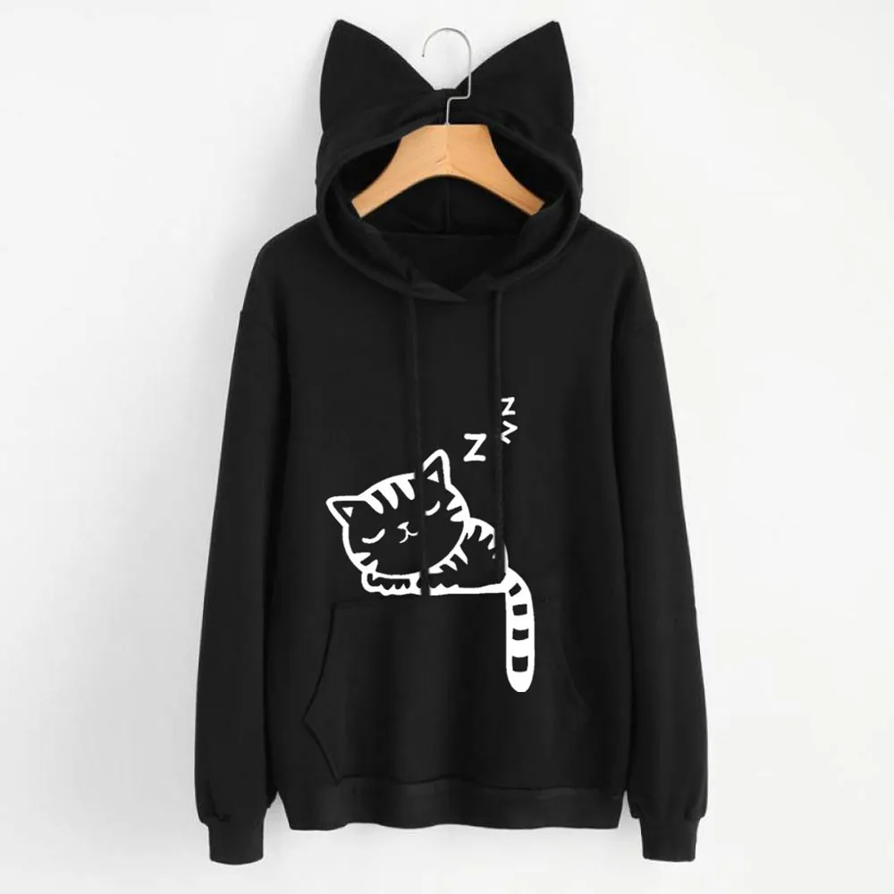 

Harajuku Women Hoodies Sweatshirt Kawaii Winter Cat Pattern Long Sleeve Hooded Sweatshirts Ear Hooed