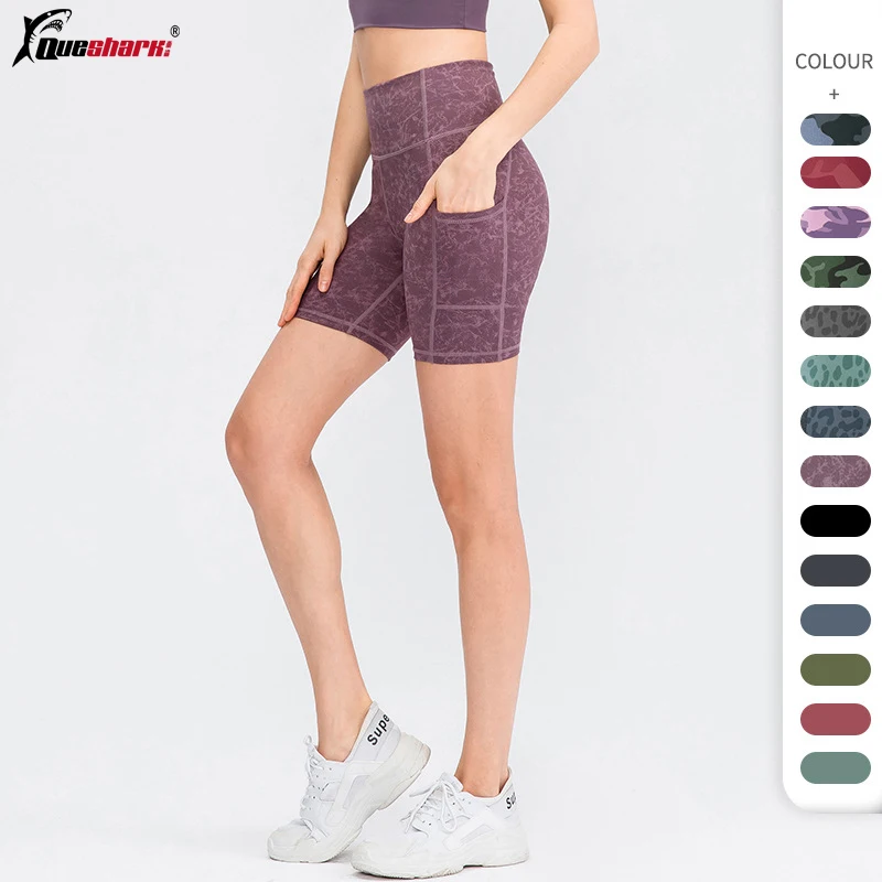 

Queshark Pro Women Printed Nude Yoga Shorts Slim Fit High Waist Sport Shorts Elastic Fitness Running Jogger Tights With Pocket