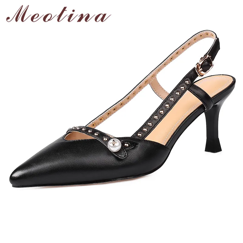 

Meotina Shoes Women Genuine Leather Thin Heels Slingacks Pumps Rivet Pearl Pointed Toe Footwear Buckle High Heel Shoes Lady 42