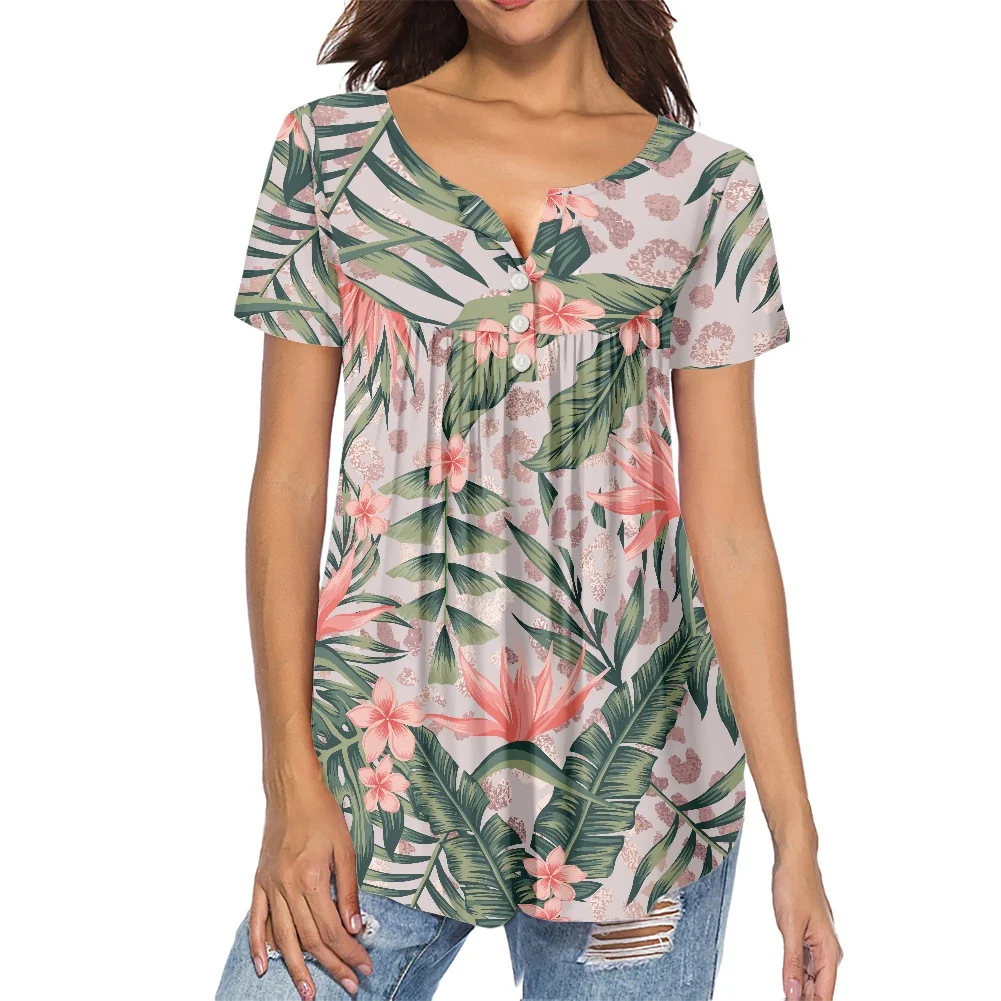 

Женская блуза с V-образным вырезом, коротким рукавом и леопардовым принтом