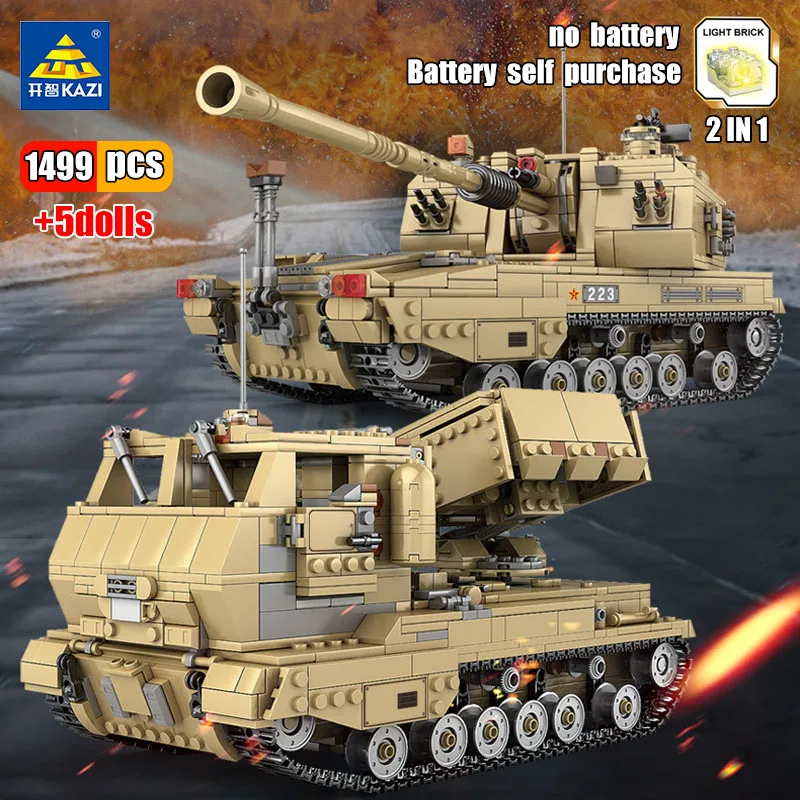 

KAZI Military Tank Building Block Action Figures 05A Self-propelled Rocket Launcher Tanks 2in1 Educational Toys Children Gift