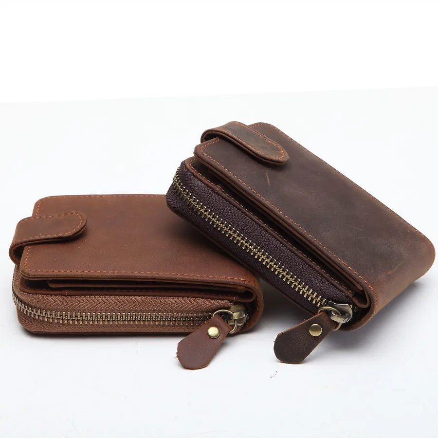 SF8041 Mens Coin Wallet Card Holder ID License Case Bags Zipper Around Closed Genuine Leather Hasp Photo Window Vintage Brown