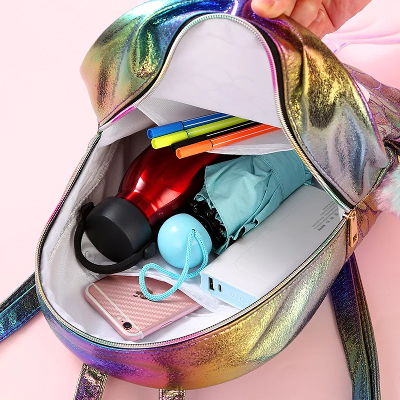 mermaid fish tail Backpack Children Schoolbag for Teenager girl Holographic pu leather bookbag women bag pom casual small bag