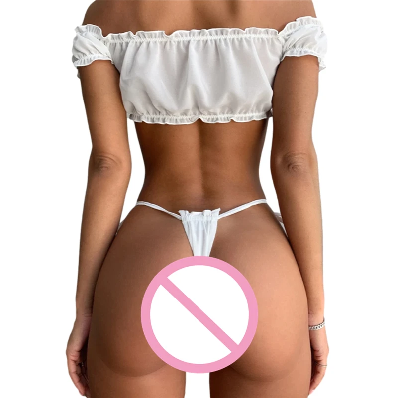 

New Women Pajamas, Ruffle Wrap Chest, Lace Up Thong, Short Sleeve Off Shoulder Solid Color Sleeping Wear Valentine's Day Gifts