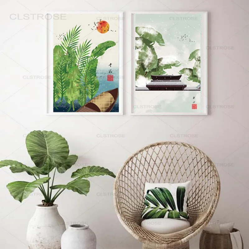 Фольклорный пейзаж на заказ холст с рисунком в китайском стиле для кабинета