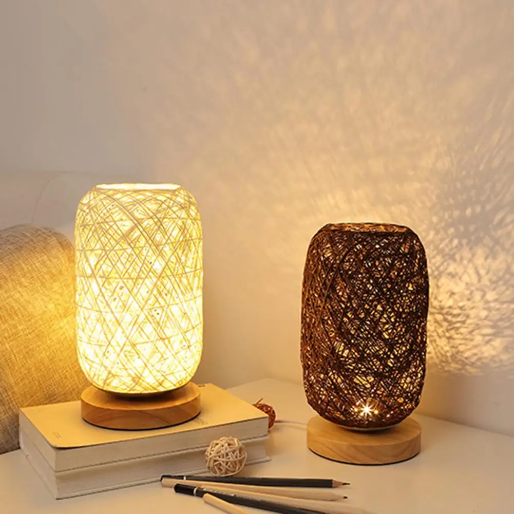 

New Table Lamp LED Twine Weaving Exquisite Style Stylish Elegant USB Solid Wooden Night Light Decoration For Bedroom