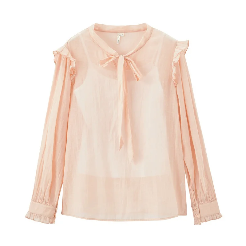 

INMAN Spring Autumn Cotton Bowknot Lace-up Splicing Falbala Two-piece Blouse