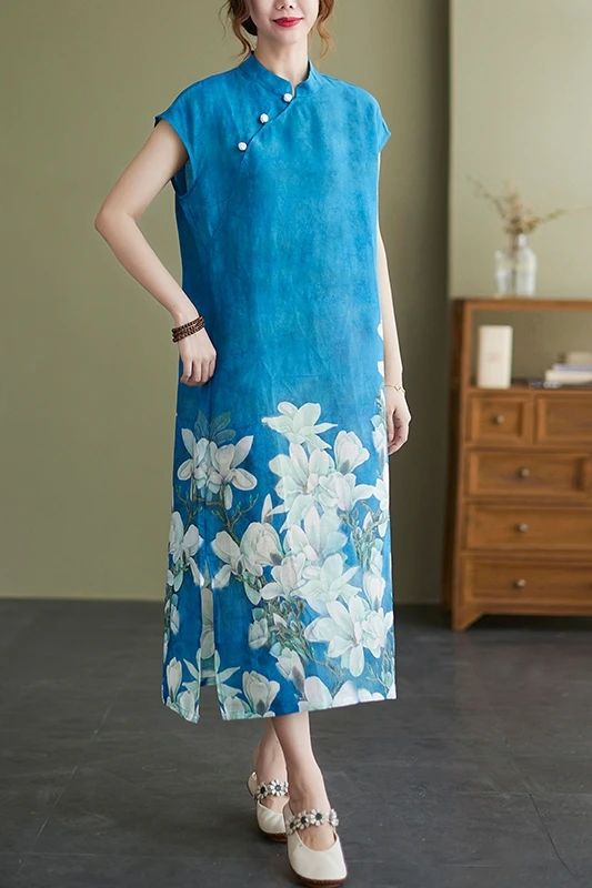 

2023 chinese national style improved qipao dress oriental style cheongsam short-sleved ramie fabric printing qipao collar dress