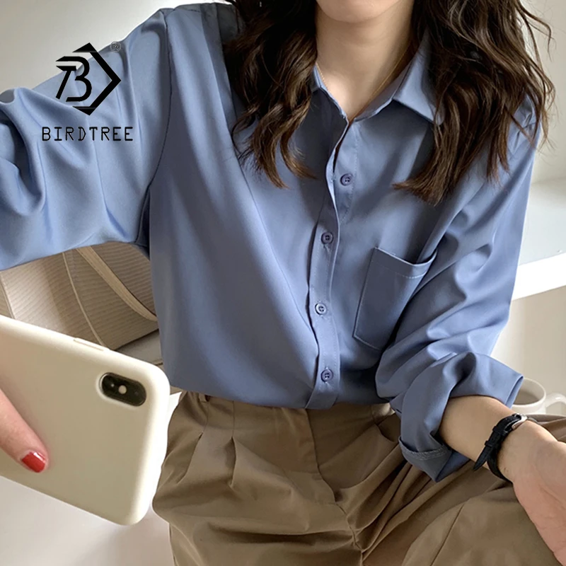 

Autumn Women Vintage Solid White Shirt With Pockets Long Sleeve Korean Style Casual Chiffon Blouse Spring Office Lady Basic Tops