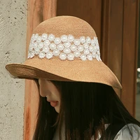 designer handmade women straw hat summer beach sun hat black white lace ribbon cap foldable flat straw hats girls outdoor hat